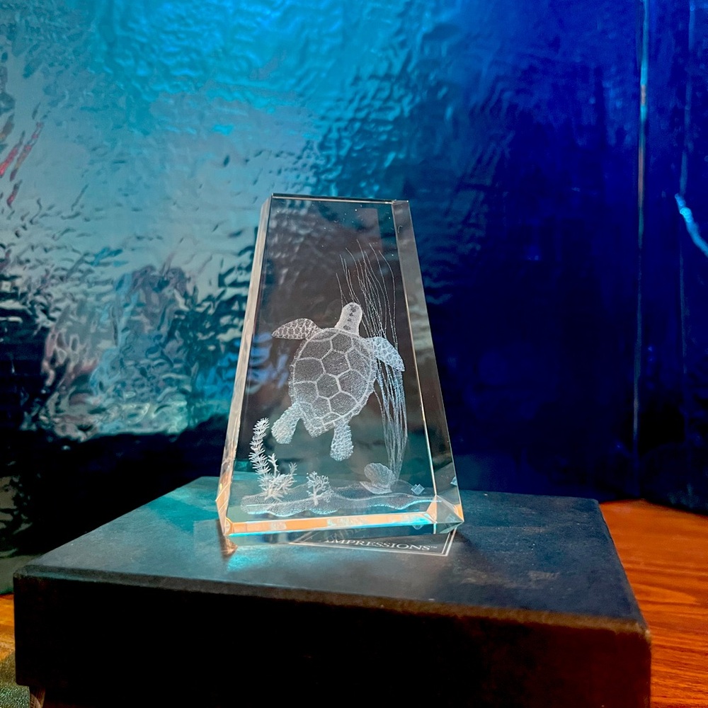 Crystal laser cut sea turtle paper weight.